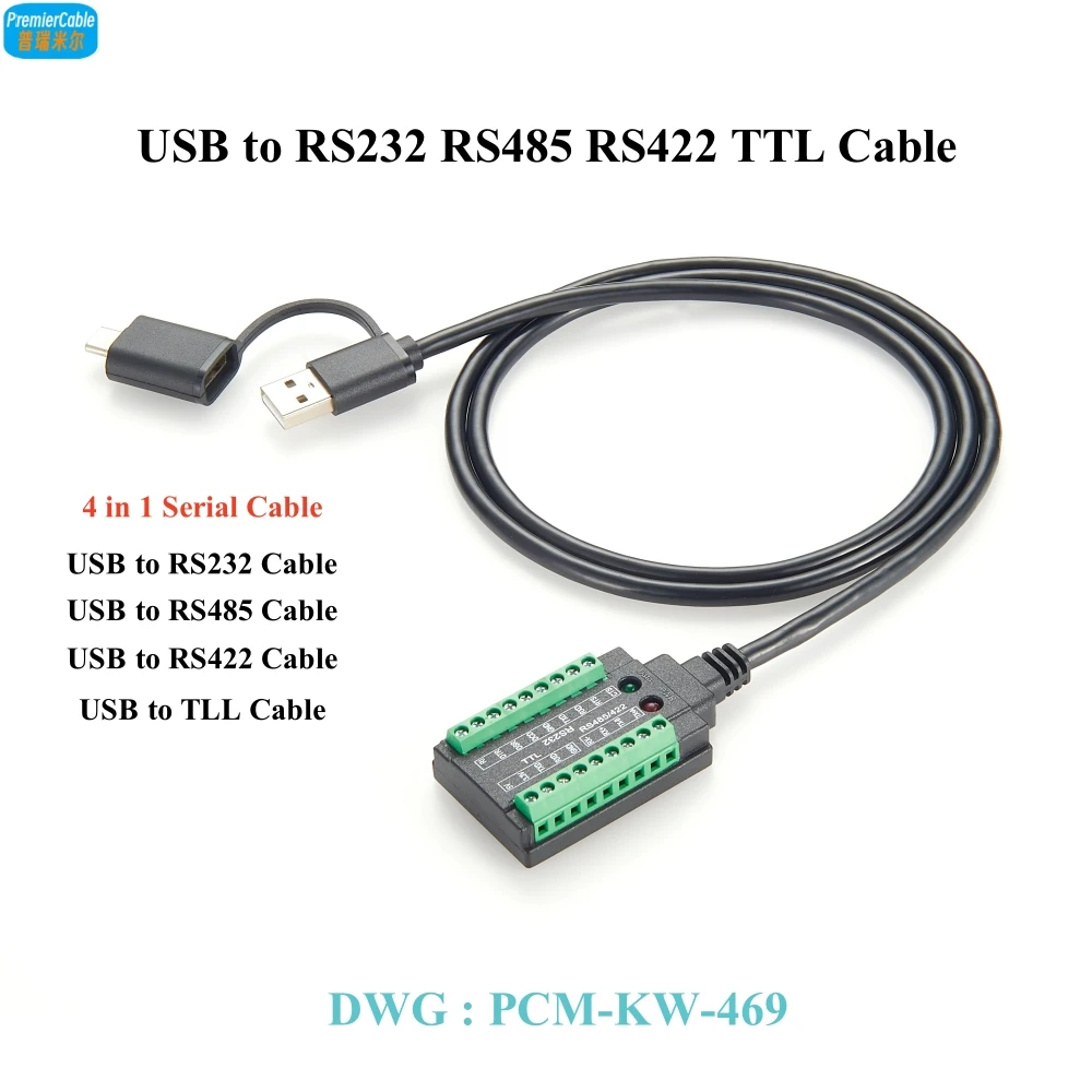 Kabel adaptera szeregowego 4-w-1 USB na RS232 RS485 RS422 TTL 3.3V 5V z chipem FTDI FT232RL, podwójny port USB-A i USB-C do modemu, skanera