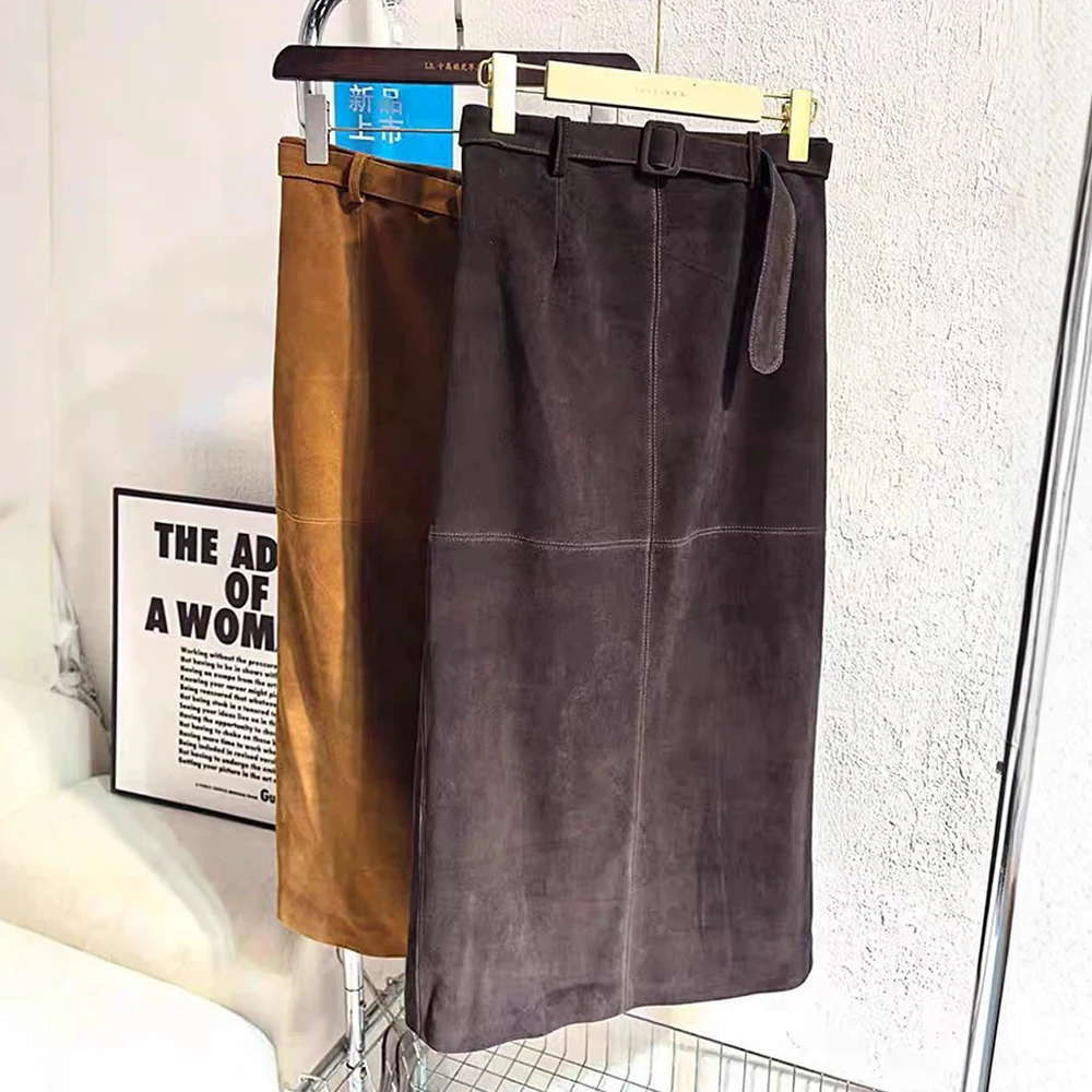 

Imported Sheepskin Suede Women's Real Leather Skirts 2026 Spring Casual Female Retro Coffee/Brown Straight Bodycon Long Skirts