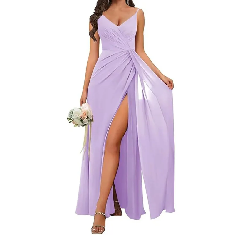 

Pleated Bridesmaid Dresses Spaghetti Straps V Neck High Split Wedding Guest Prom Dress Evening Gown Customized Women’s Vestidos