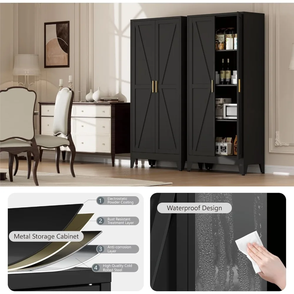 61 خزانة مخزن المطبخ، خزانة تخزين معدنية لبابين و3 أرفف قابلة للتعديل، خزائن خزانة مخزن معدنية f #5