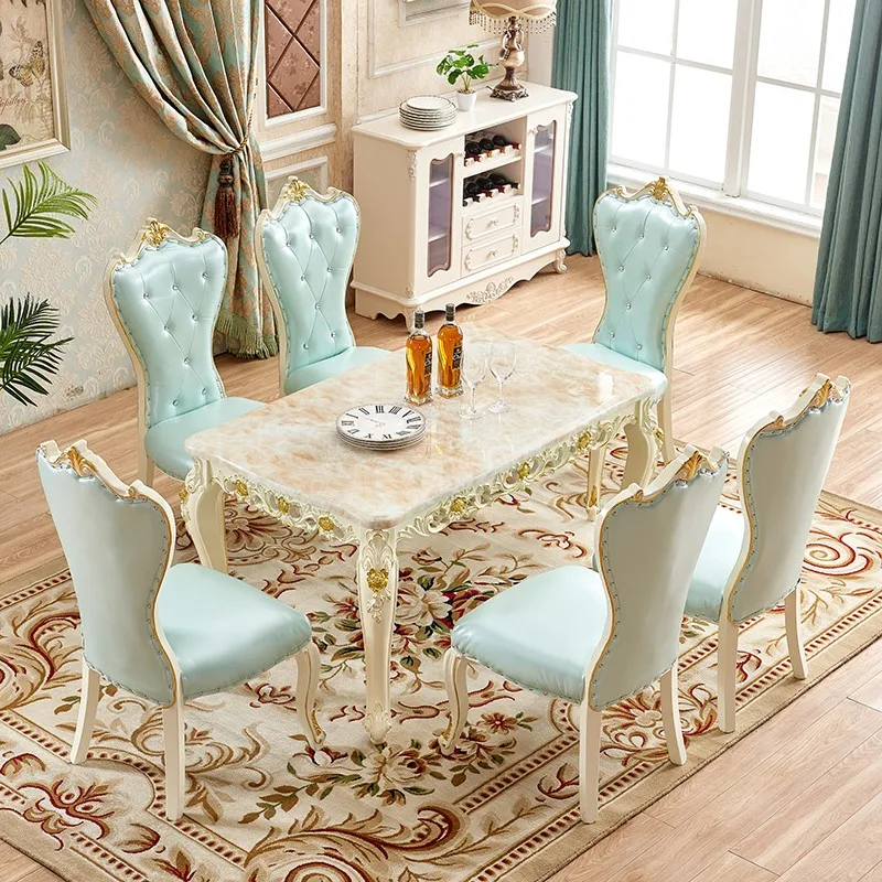 Little Rabbit Craftsman European Style Dining Table and Chairs Combination Marble Rectangular Comfortable Chairs Solid Wood