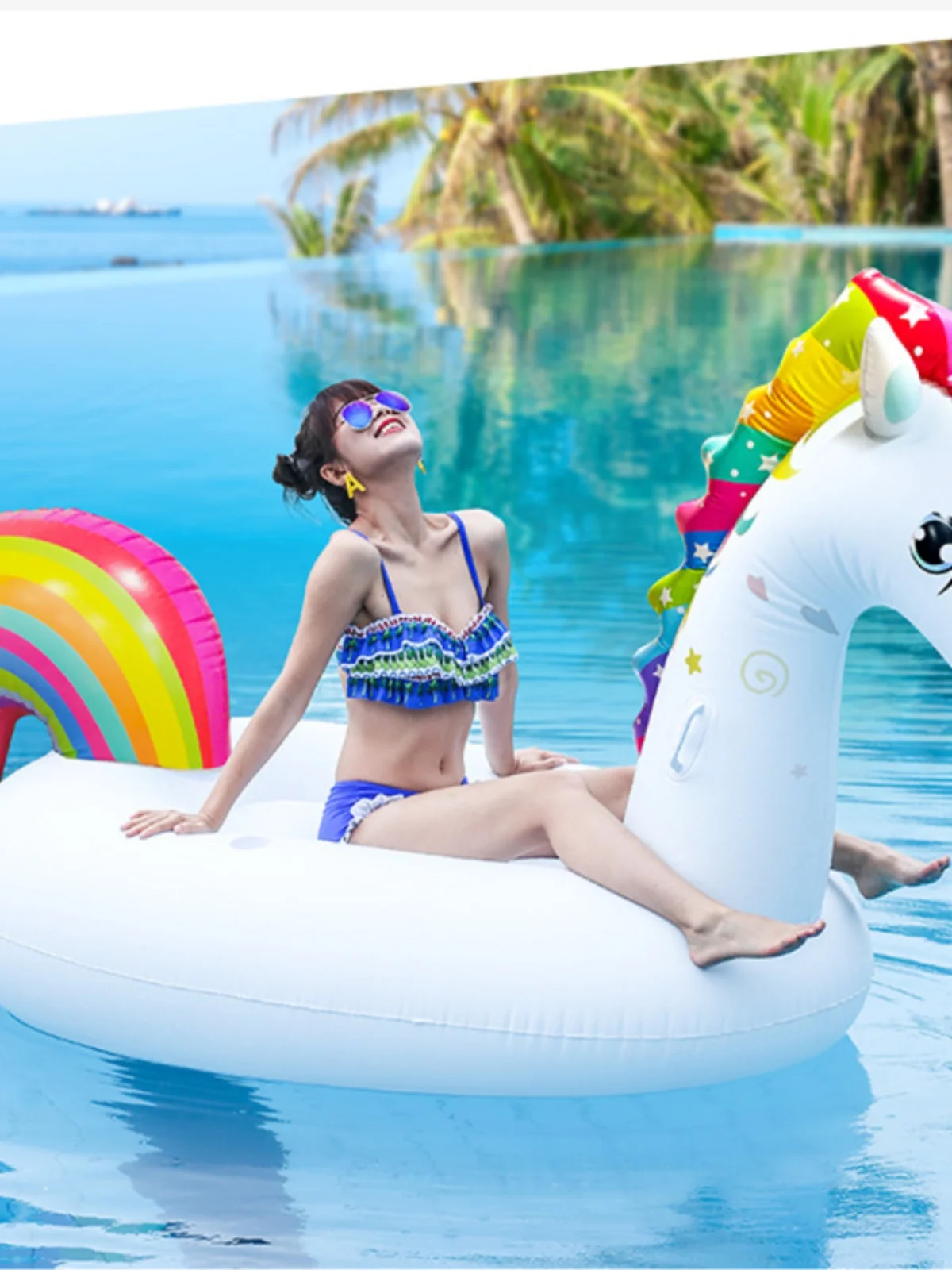 Inflatable floating row animal mount recliner unicorn swimming ring life buoy large water adult children floating bed play