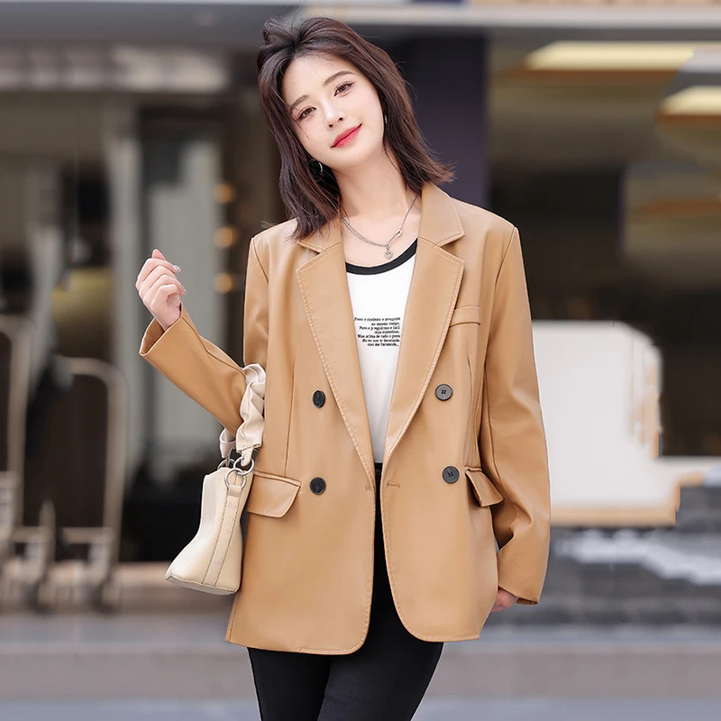 

New Women Spring Autumn Leather Jacket Elegant Fashion Suit Collar Loose Sheepskin Blazer Office Lady Coat Split Leather