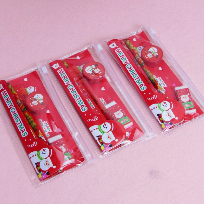 5Pcs/Pack Cute Christmas Stationery Set Pencil Ruler Earser Sharpener Pencil Case Stationery Set For School Gir Boy Gift