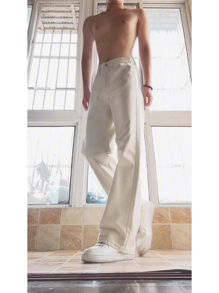 

Cleanfit White Bell Bottom Men's Jeans High Street Style Straight Leg Slimming Trousers Casual mid High Waist Jeans