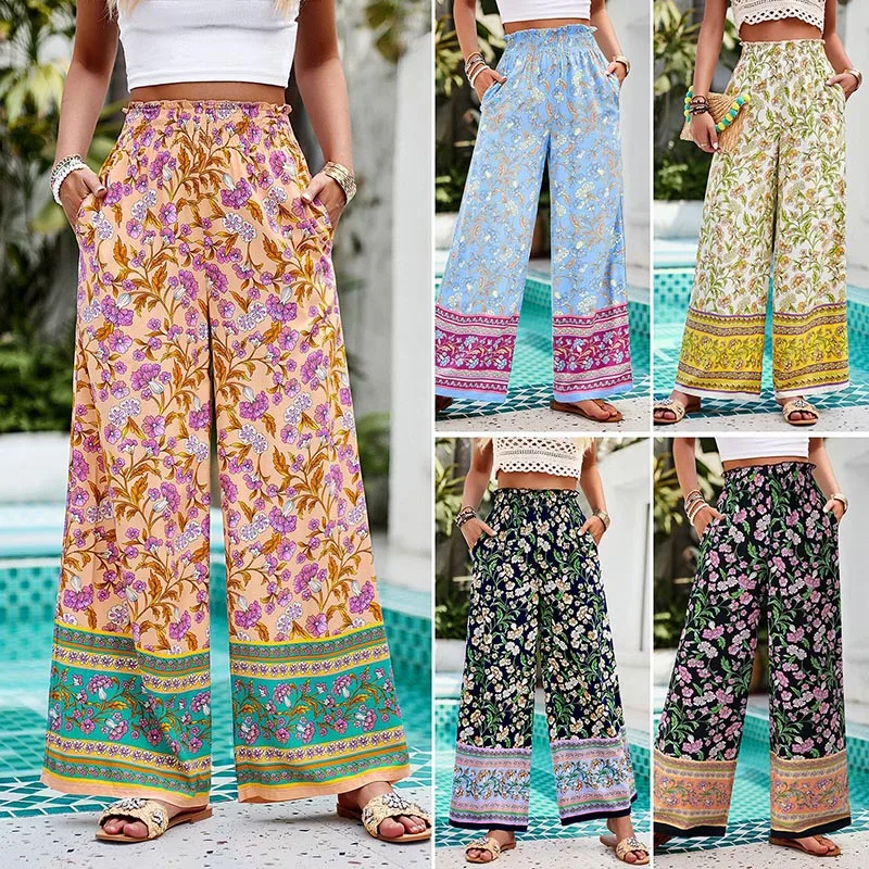 

Leisure Printed Summer Women Pants 2024 New High Waist Loose Trousers Elegant Fashion Vintage Long Pants Clothing Beach Style