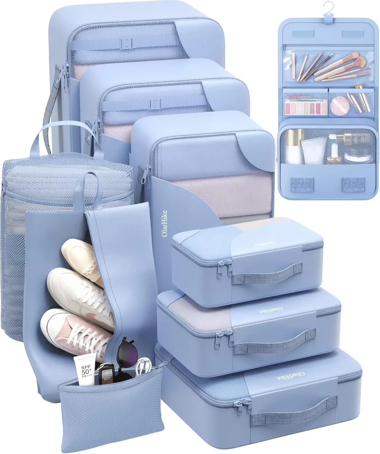

10 Piece Travel Packing Cubes Set with Shoe and Hanging Toiletry Bag for Women