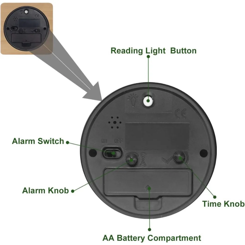 3 Inches Round Wooden Alarm Clock with Arabic Numerals Non-Ticking Silent Backlight Battery Operated Wood Table Desk Alarm Clock
