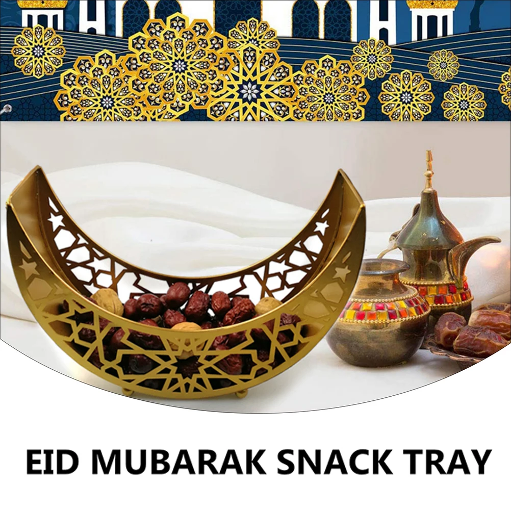 

Islamic Theme Snack Tray Golden Moon Shape Decorative Eid Ramadan Fruit Plate Hollow Design Drained Easy Storage Cleaning High