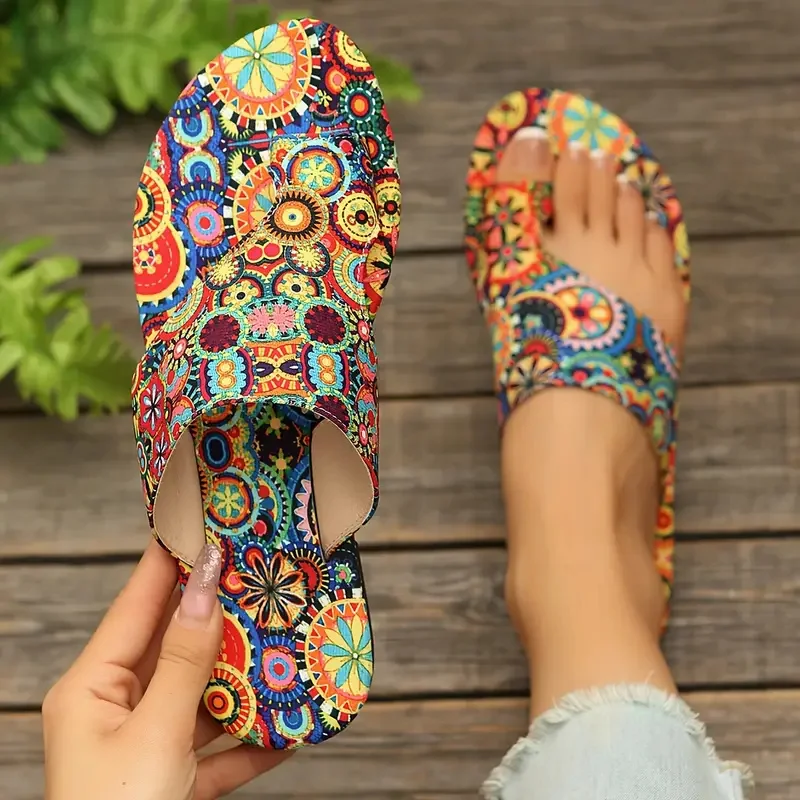 Damen-Hausschuhe mit Böhmischem Blumenmuster, Leichte Freizeitschuhe, Flip-Flops, Modische Übergrößen-Pantoffeln, Damen-Slides
