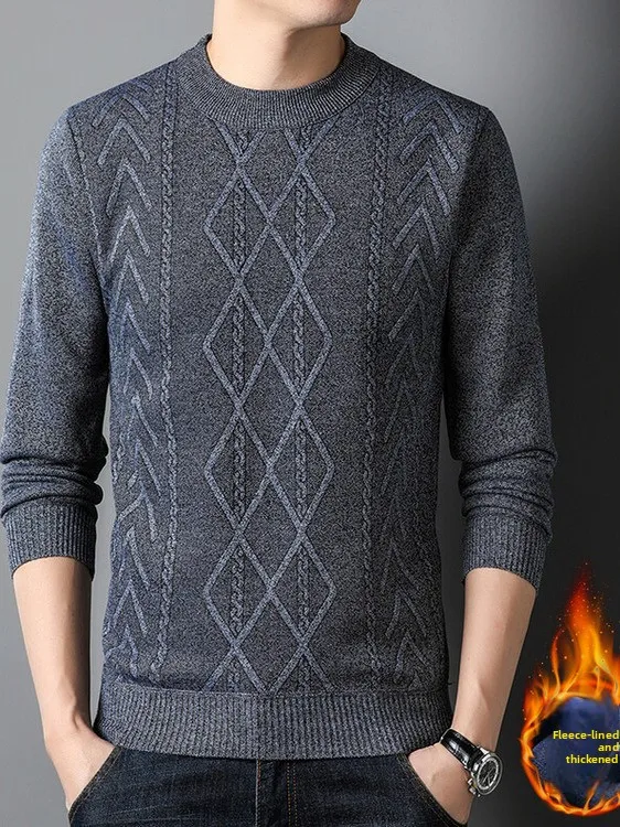 

Thiened Knitted Men's Sweater Fce Lined Wool Blend Loose Fit Long Sve round Ne Base irt Warm Autumn Winter Top