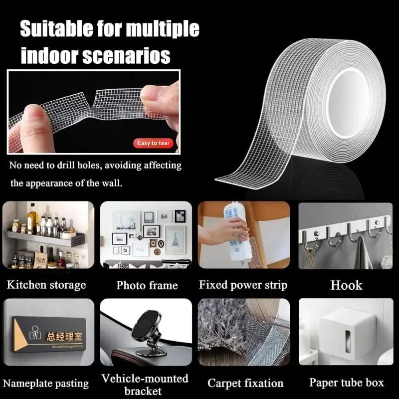 Nano Tape 1m Reusable Non-Marking Transparent Adhesive Tape for Office Wall Hanging Kitchen Small Item Storage