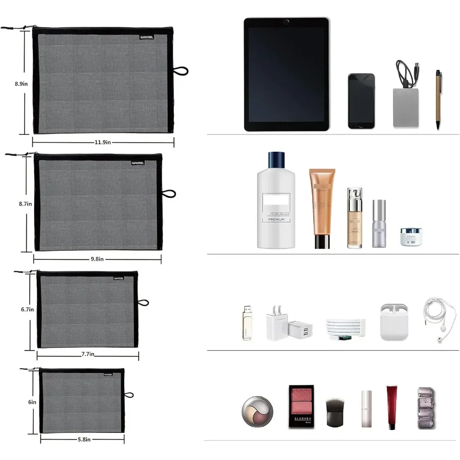 4個セット トラベルメッシュメイクアップバッグ コスメオーガナイザーポーチ ジッパー付き 男女兼用 おむつ収納ポーチ ナイロントイレタリーポーチ