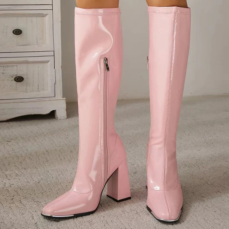 High Quality Pink Leather Motorcycle Knee High Boots Women Fashion Metal Design Square Toe Zip Heels Ladies Long Shoes