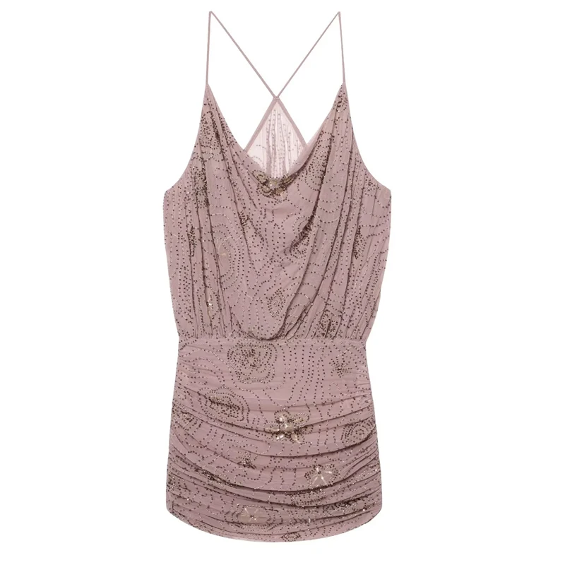 HXAO Abiti corti con perline 2025 Abiti da festa estivi senza maniche da donna Mini abito sottoveste in tulle plissettato Abito da ballo sexy aderente