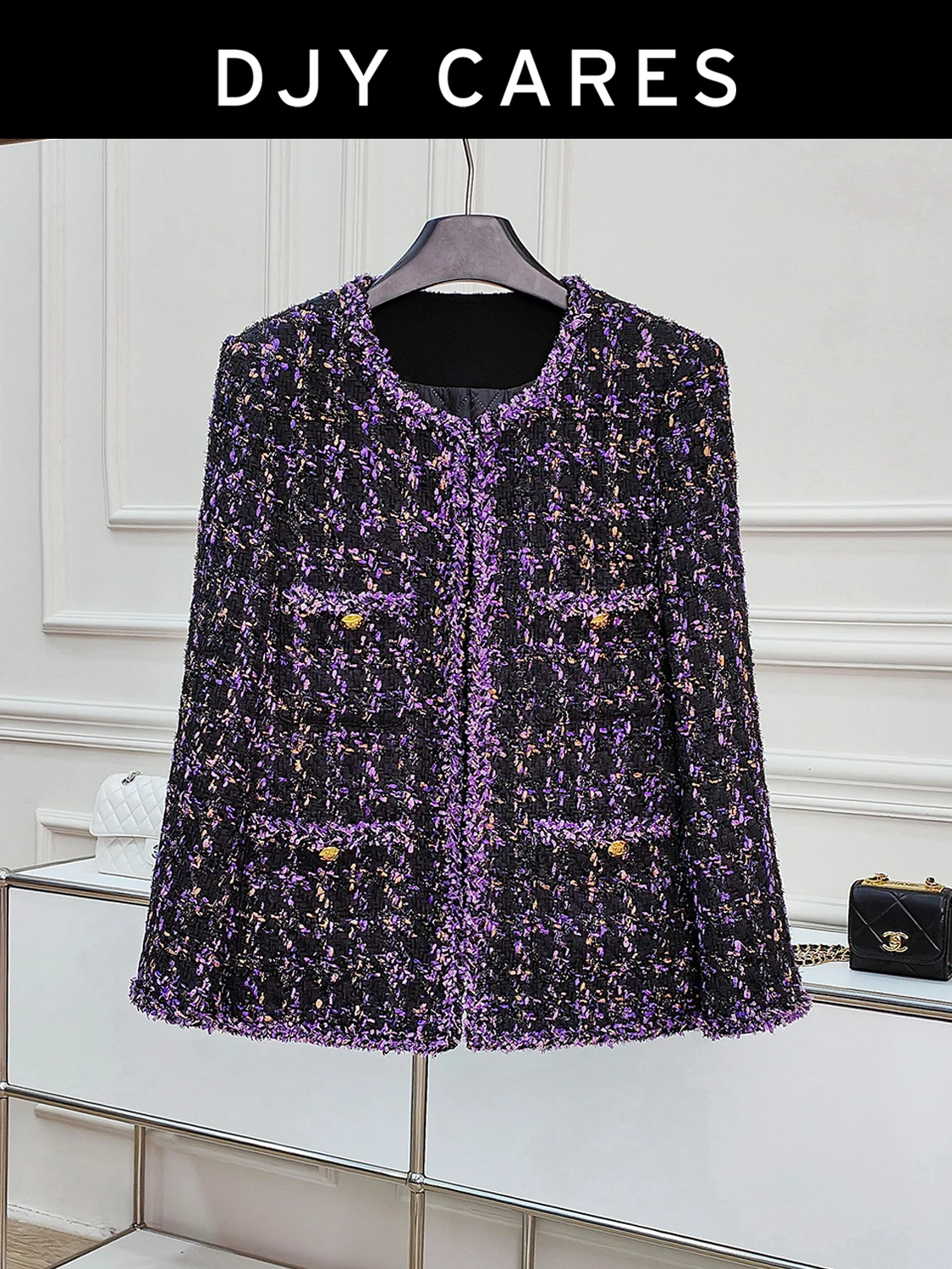 

New Coarse tweed autumn and winter plus cotton thick purple medium length jacket top big size