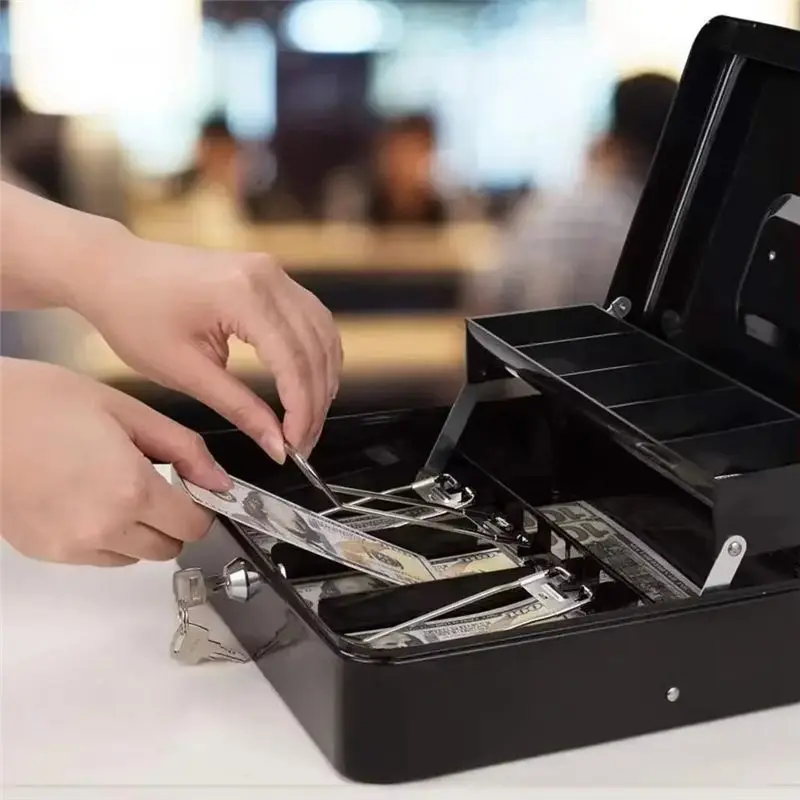 A23E-Security Storage Box Lockable Metal Cash Box With Cash Tray Capacity Multi Compartment Portable Home Safe