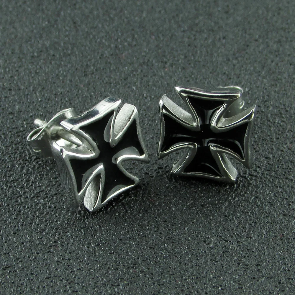 Silver Color Knight Templar Black Cross Earrings Punk Crusaders Band Stud Earring For Women\'s Fashion Gift Jewelry