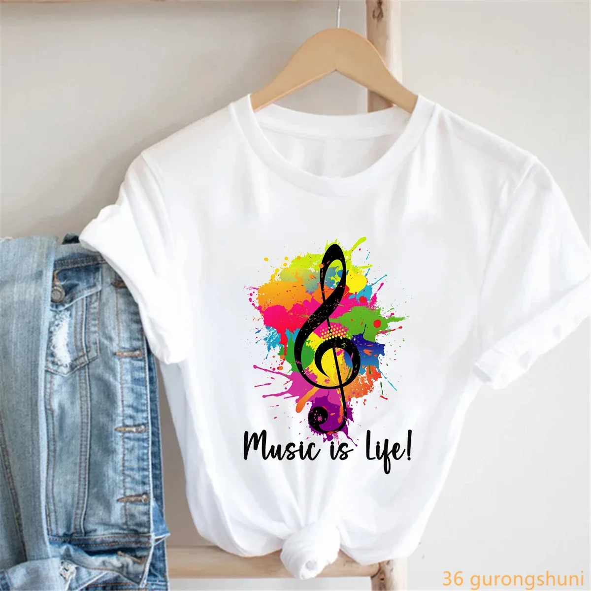 2025 Watercolor Music Note Music Is Life Graphic Printed T Shirt Women'S Clothing Summer Funny Artistic Aesthetic T-Shirt Female