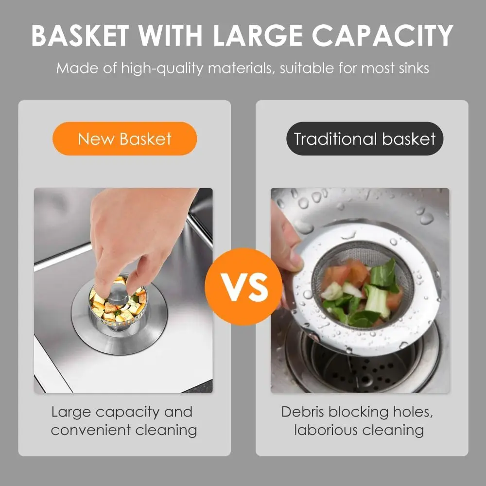 3 in 1 Kitchen Sink Drain Strainer Stainless Steel Pop-up Sink Plug Anti-Clog Sink Food Catcher Basket