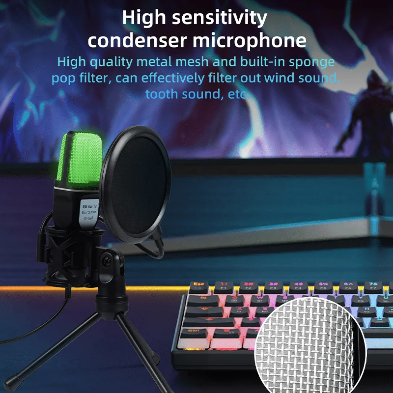 USB Gaming Microphone for PC - Condenser Mic with RGB Indicator Tripod Stand Gain Control for Computer Recording Live Podcast