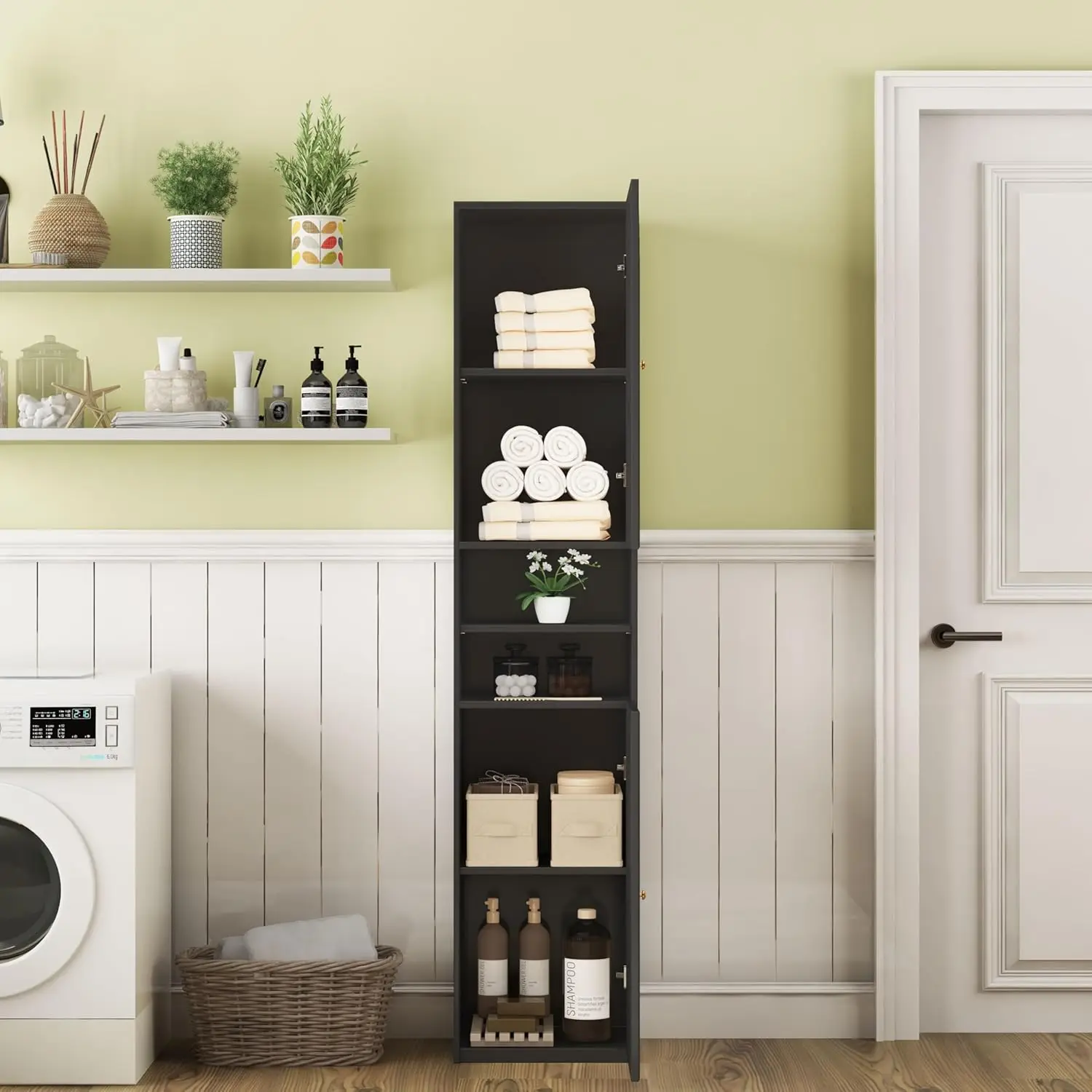 Freestanding Bathroom Storage Cabinet, 2 Door Tall Slim Storage Cabinet with Open Storage Shelves