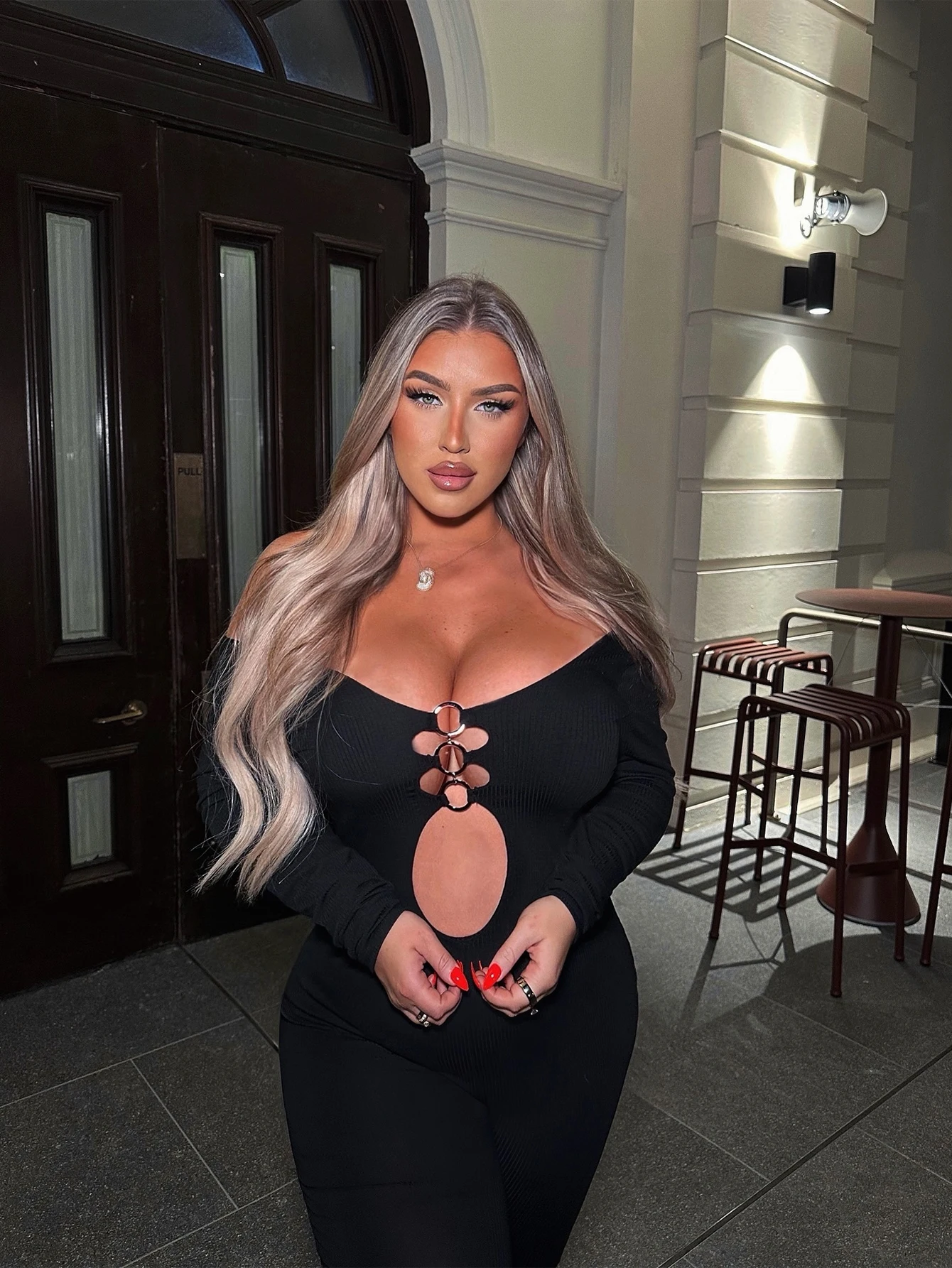 

Женский однотонный комбинезон с вырезами и кольцами, повседневный комбинезон с длинными рукавами и круглым вырезом для клубного музыкального фестиваля, женская одежда