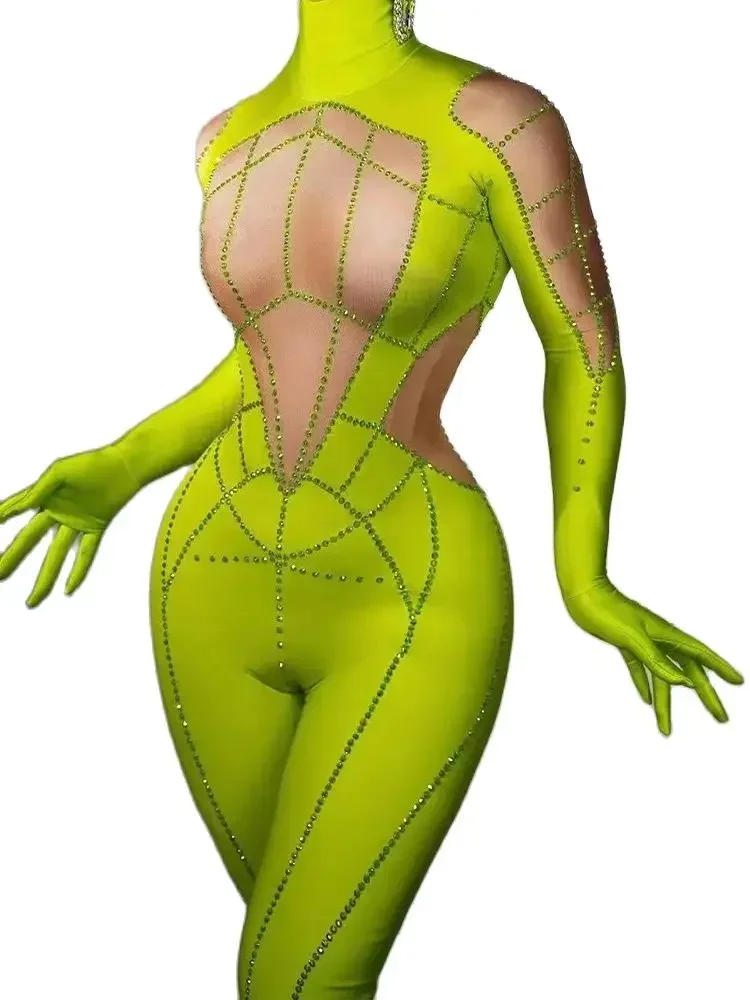 

2024 New Fashionable Women'S Clothing High Quality Hot Diamond Green Elastic Tight Fitting Jumpsuit