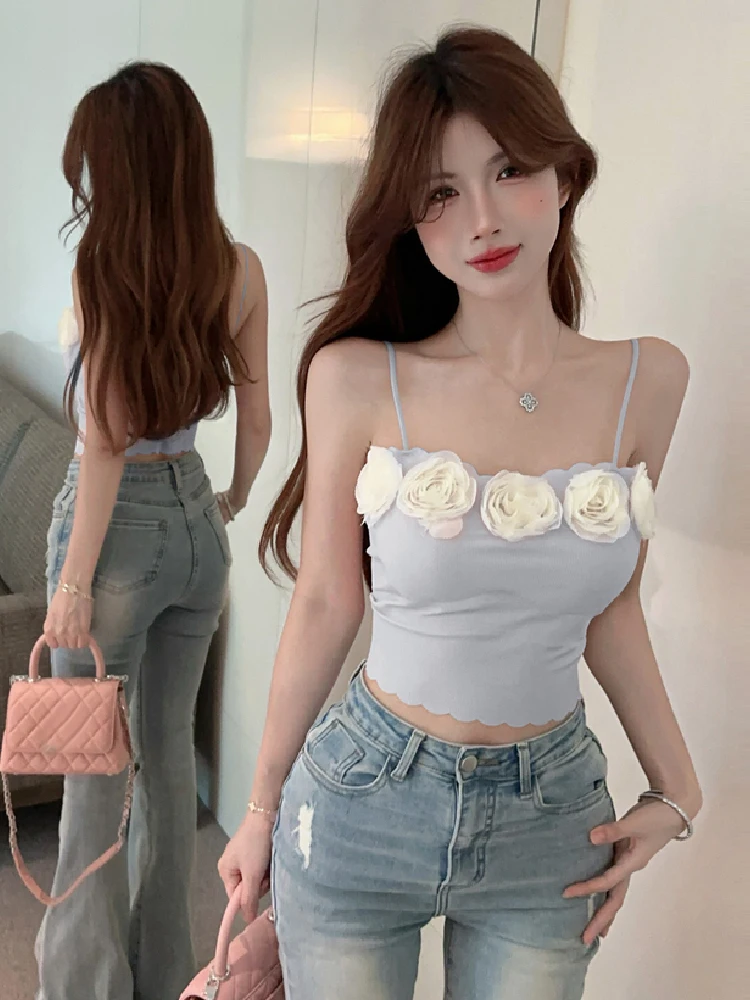 

Sweet Sle Slim Fit Tank Top with 3D Flower Design Single Piece Women's Clothing oulder Strap Tops ort Length Casual Wear