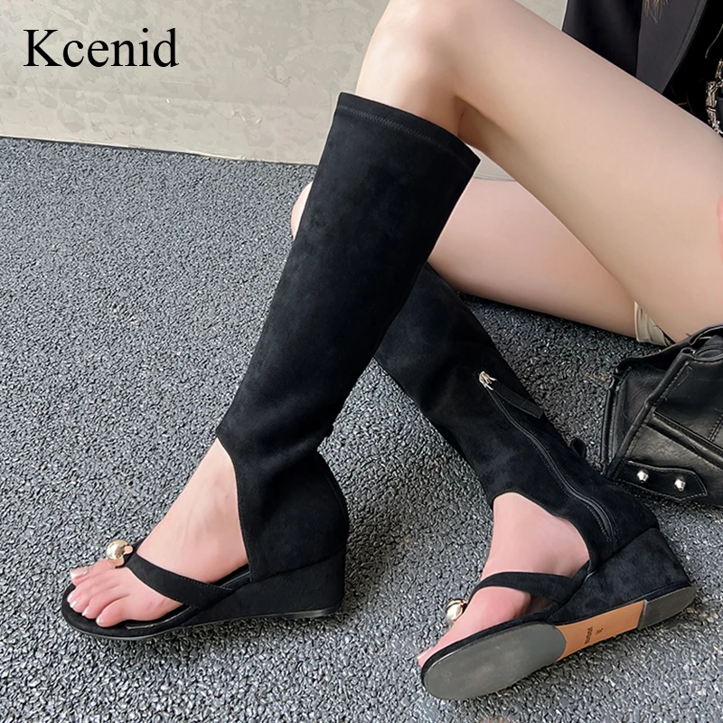 

Kcenid Women's Knee-High Slim Boots Flip-Flops Fashion Wedge Heel Shoes Summer Spring Big Size 42 High Quality Ladies Footwear