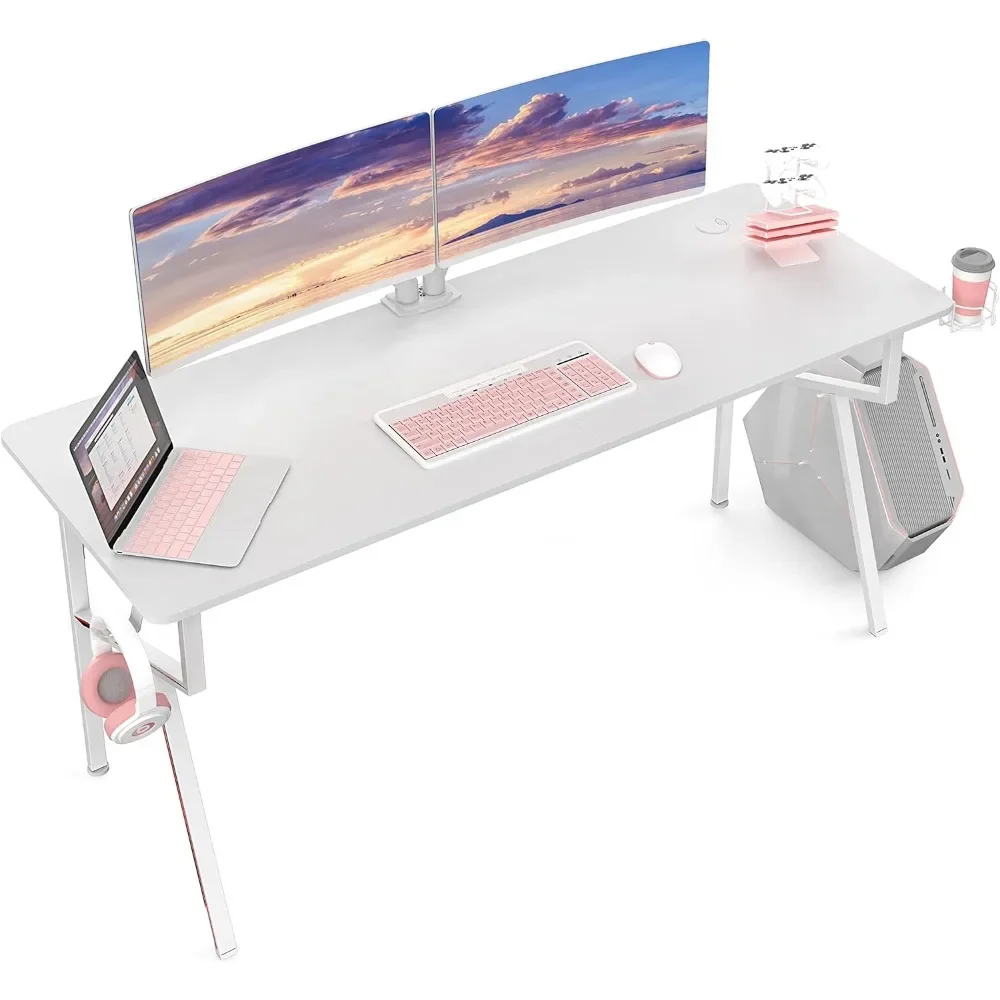 Computer Desk, 63 x 24 Inch K Shaped Long Gaming Desk for Home Office Work Study Writing Table with Cable Management, Cup Holder