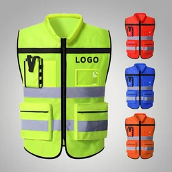 Chaleco reflectante de alta visibilidad para trabajadores de la construcción, ropa de trabajo, logotipo imprimible, chaleco reflectante de Bolsillo grande