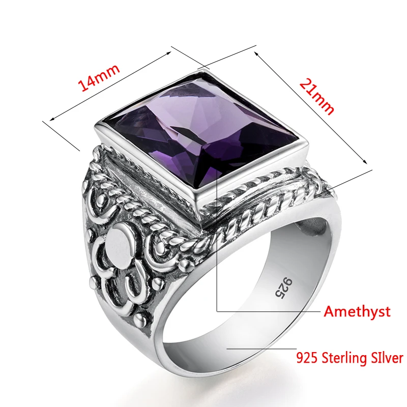 Unique 925 Sterling Silver Heavy Signet Rings Men's Massive Amethyst 12*16mm Stone Party Vintage Male Jewelry Gift For Husband