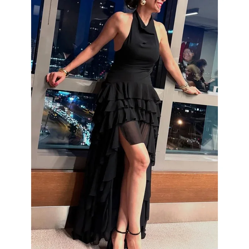 Vestido feminino com decote halter, moda em camadas, decoração, zíper lateral, comprimento médio, sem mangas, costas nuas, vestido de festa, temperamento sexy