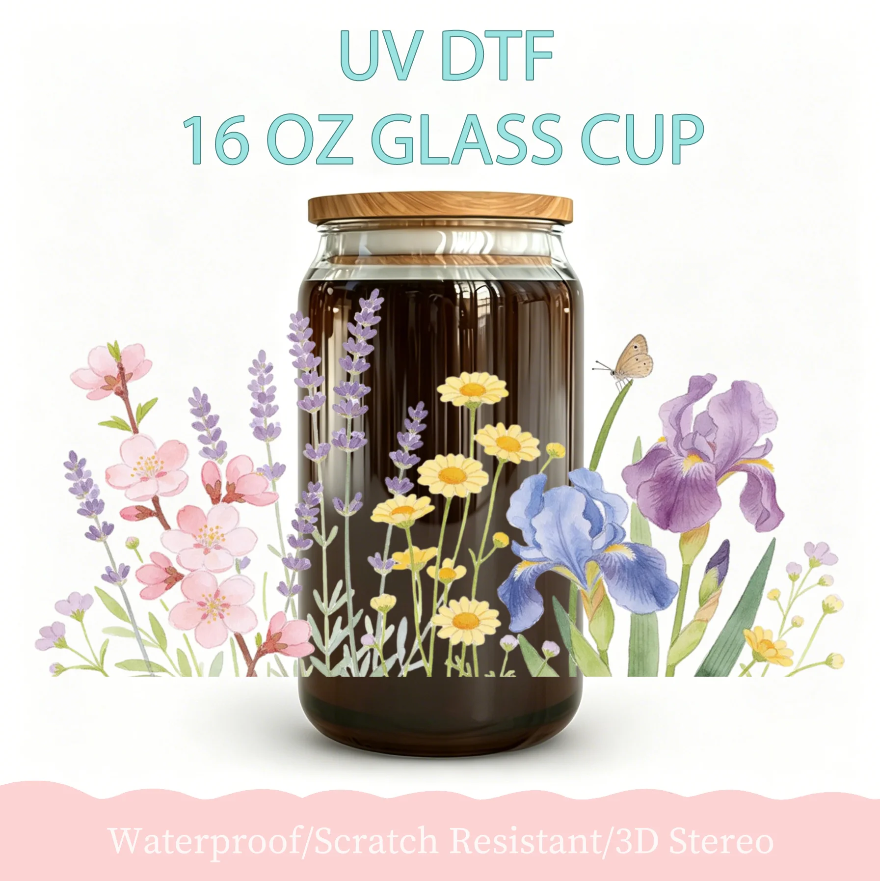 16oz Lavender Floral UV DTF Cup Wrap Transfer Stickers Waterproof Crystal Label For Glass Can Mug DIY Crafts