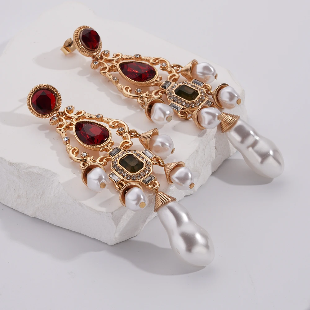 

Luxury White Pearls Wedding Earrings Chunky Geo Glass Statement Pendant Dangle Bridal Long Women Jewlery Wedding Accessories