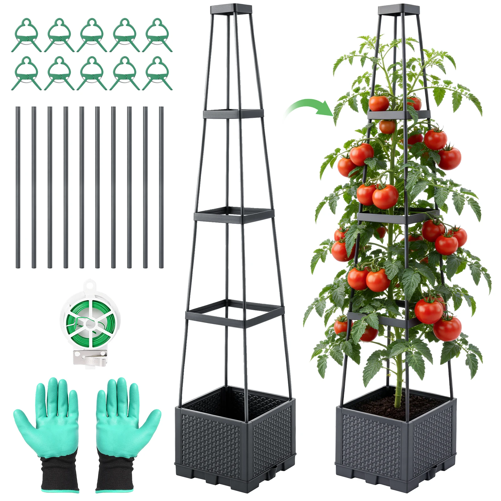 2er-Set 4-stöckiger Kletter-Blumentopf aus Korbgeflecht, selbstbewässernd, mit Rankhilfe, 1400 mm hoch, für Balkon, Garten, Terrasse, Kletterpflanzen, Ranken, Gemüse
