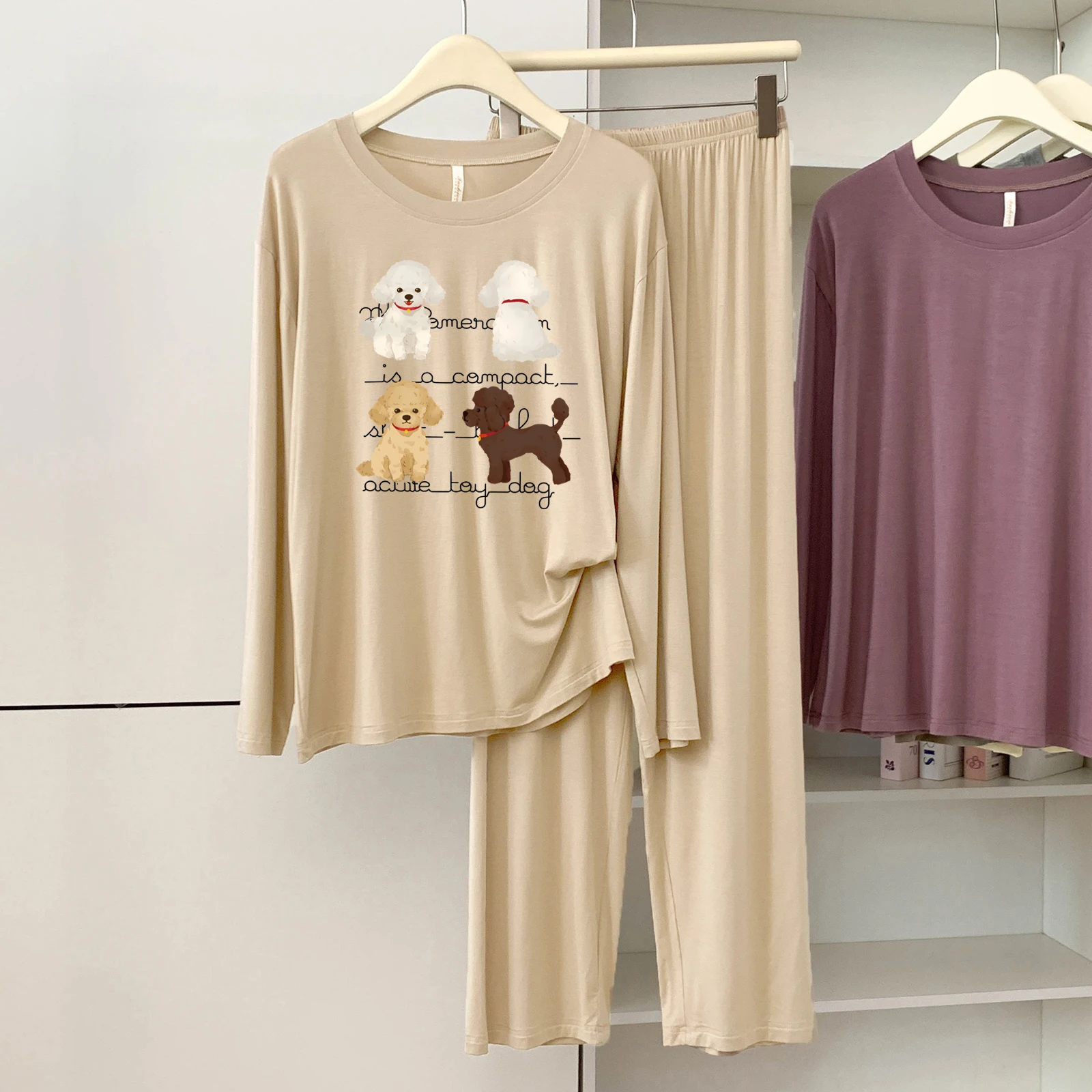 5183-03 بيجامة مشروط للنساء، طراز جديد للربيع والخريف، كاجوال، بسيط، لون خالص، رقبة دائرية، أكمام طويلة، مريح