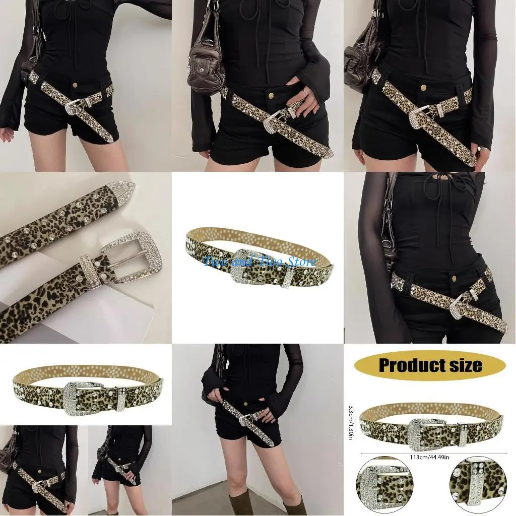 

HX6F 2000s Leopard Print Belt for Casual Party with Rhinestones Pin Buckle Belt for Jeans Pants Fashion Decorative Waistband