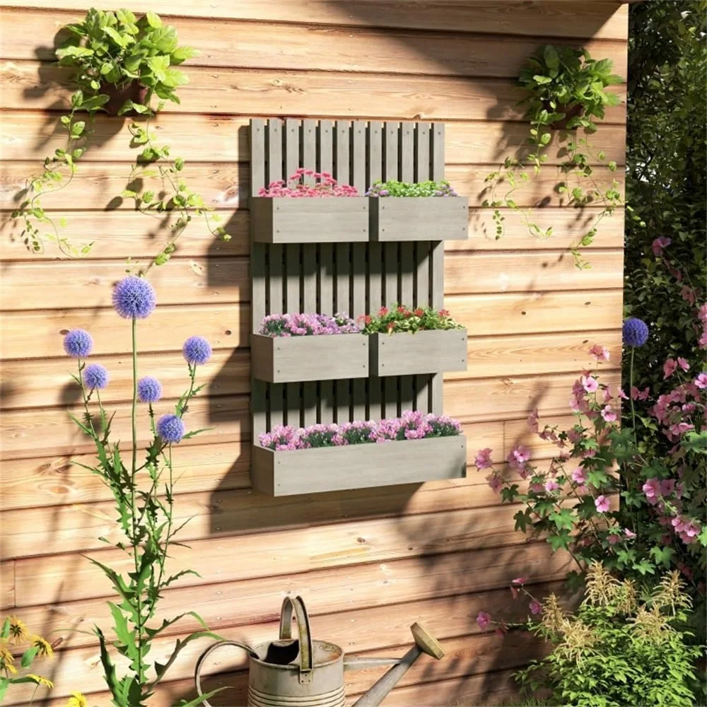 

5 Box Raised Garden Bed with Trellis for Climbing Plants, Tall Wall-Mounted Wood Planter Box Set, Wall Hanging Planters Outdoor