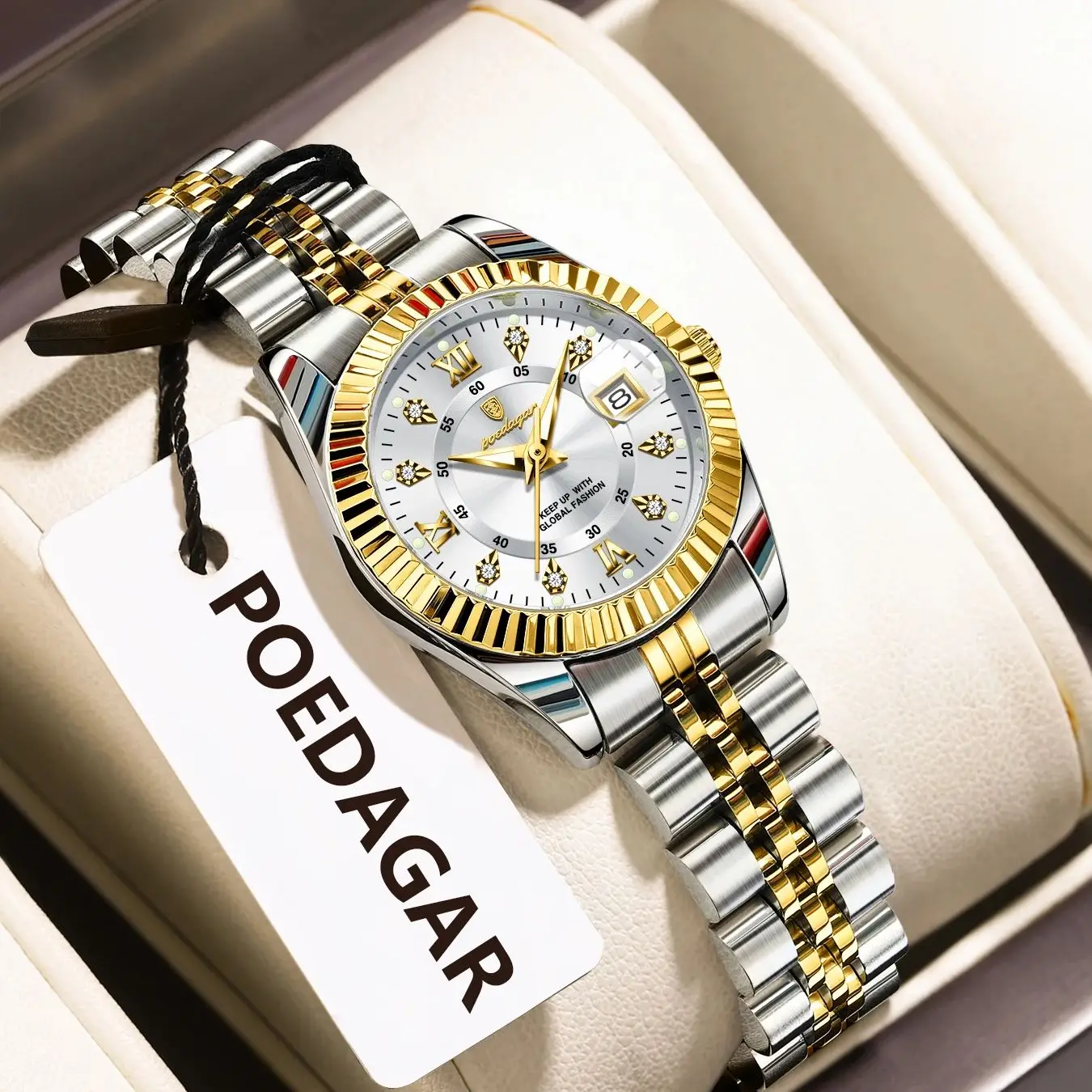 POEDAGAR ساعة نسائية أنيقة مقاومة للماء وتاريخ مضيء ساعة يد رائعة للسيدات من الفولاذ المقاوم للصدأ ساعات كوارتز للنساء