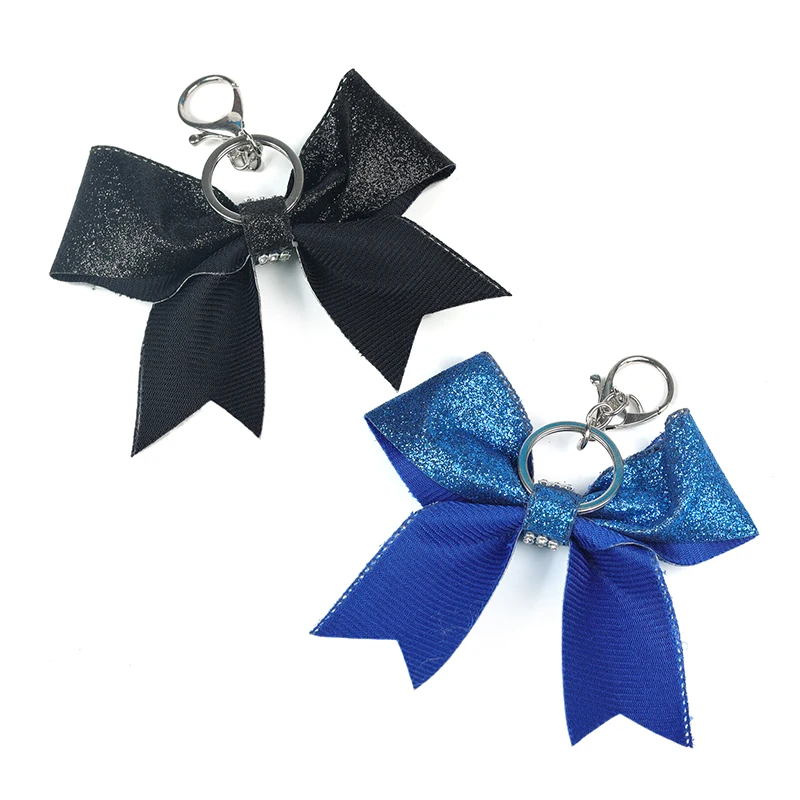 Fashion Sparkling Glitter Cheerleading Hair Bow Glitter Grosgrain Ribbon Bows Key Ring For Girls And Women