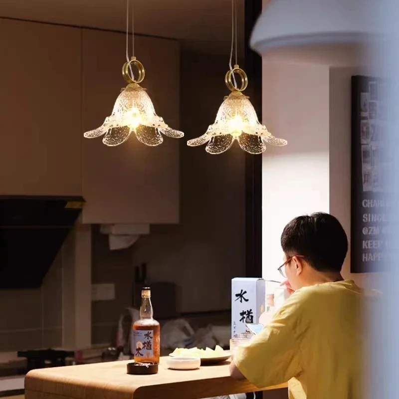

Small Flower Pendant Lights Brass Glass Restaurant Chandelier Bedroom Bedside Aisle Balcony Bar Hanging Light Minimalist Lamps
