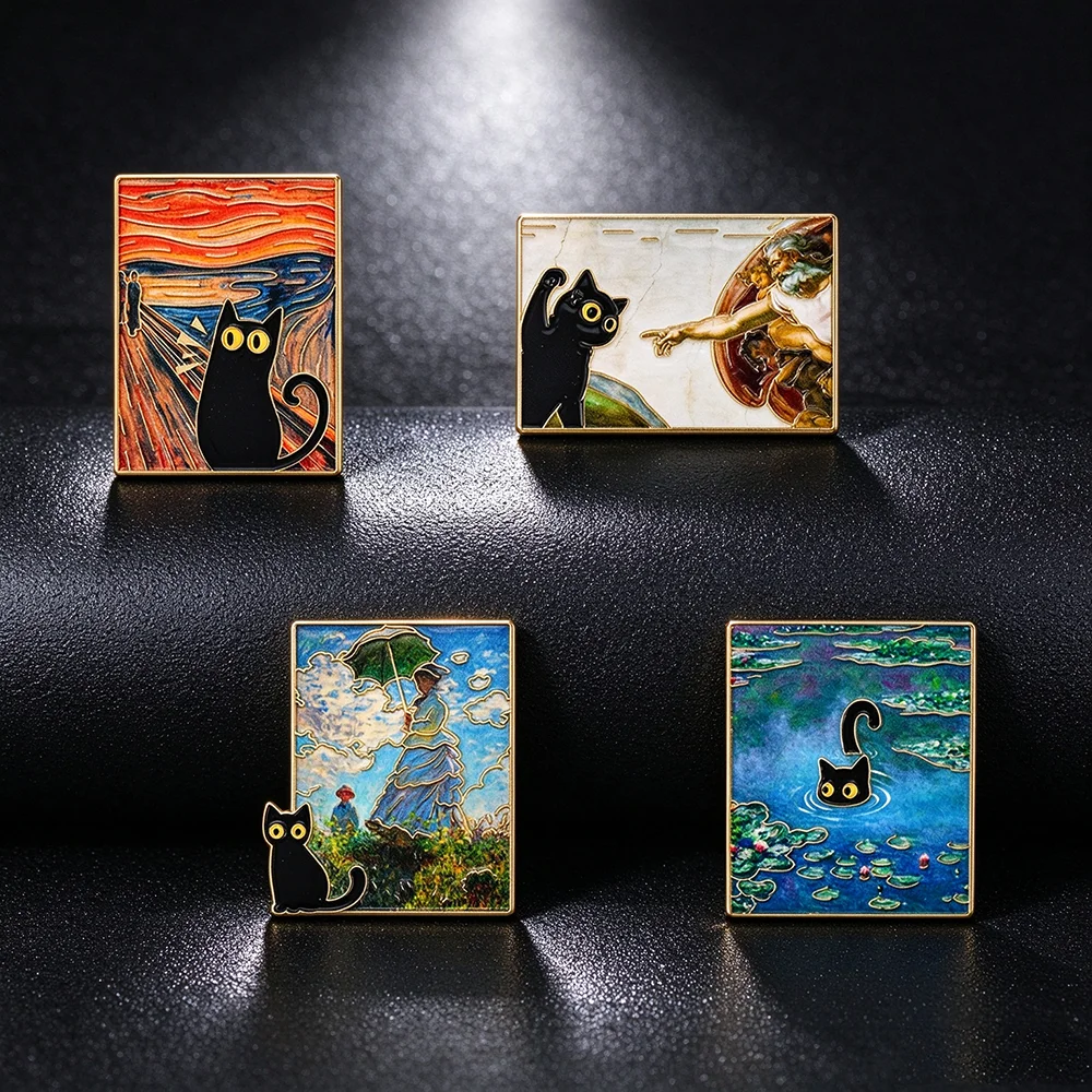 4Pcs Art Painting Black Cat Enamel Pins Set Cute Cat Brooches, Vintage Art Lapel Pin Badge for Backpack Clothing Jacket Gift