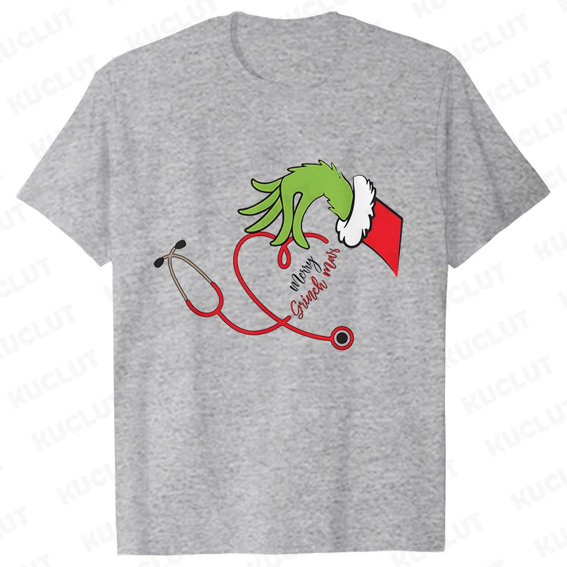 Merry Grinchmas T-Shirt for Women Funny Stethoscope Graphic Tops for Doctor Nursing Gift Xmas Short Sleeve Tees Female Clothing