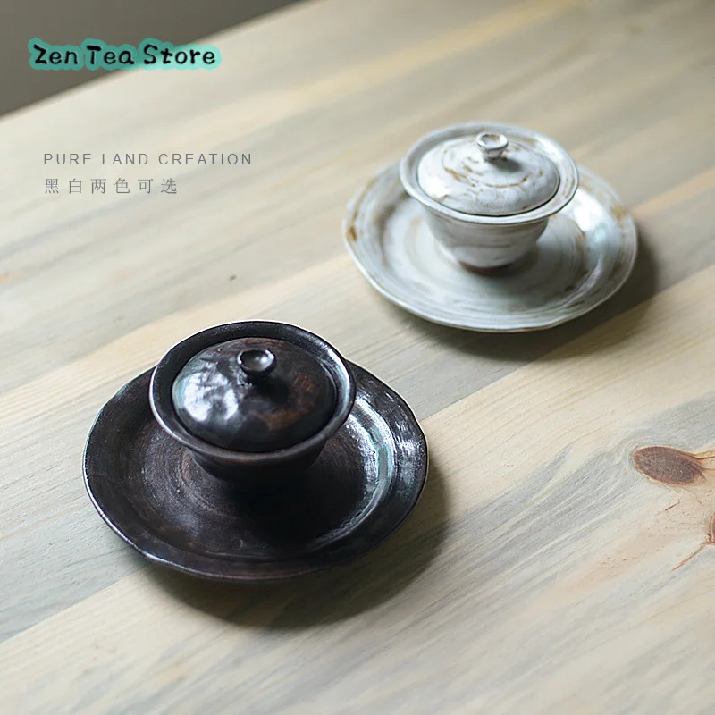 Craft Rough Pottery Sancai Cover Bowl A Single Hand-made Kung Fu Tea Set Ceramic Hand-grabbed Sancai Teacup Tea Bowl