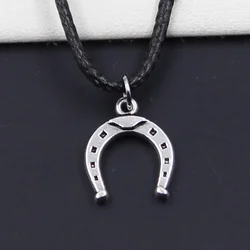 New Durable Black Faux Leather Lucky Horseshoe Horse Pendant Cord Choker DIY Necklace Retro Boho Tibetan Silver Color