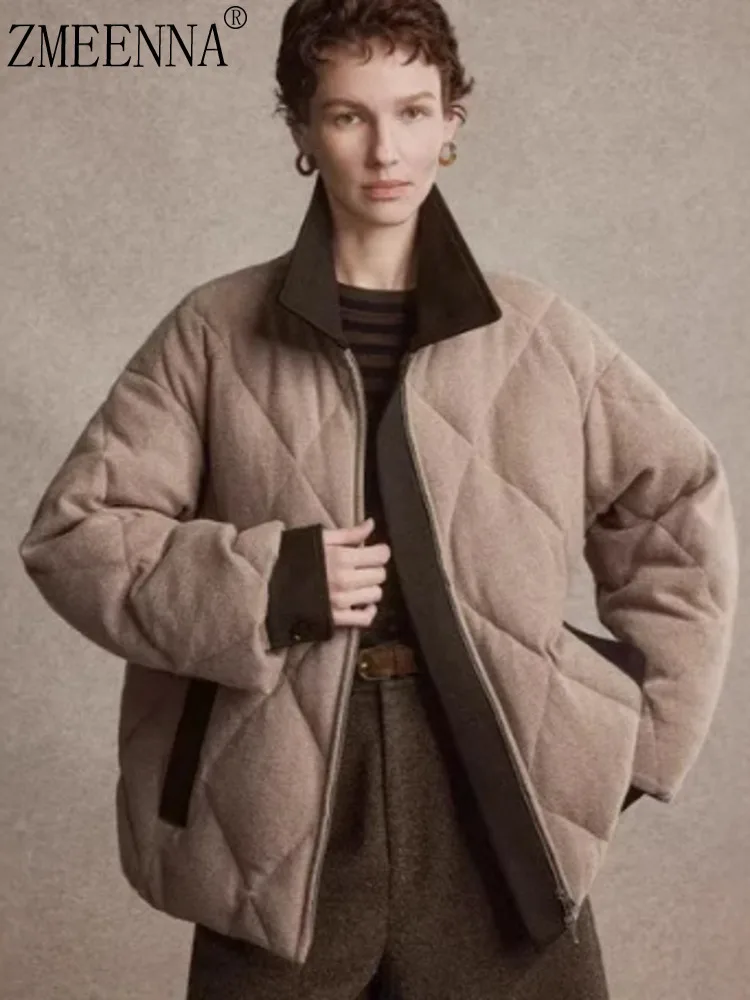 

ZMEENNA женское короткое пальто-пуховик со стеганым бриллиантами, теплая зимняя верхняя одежда, куртка на молнии с воротником контрастного цвета ZM4461