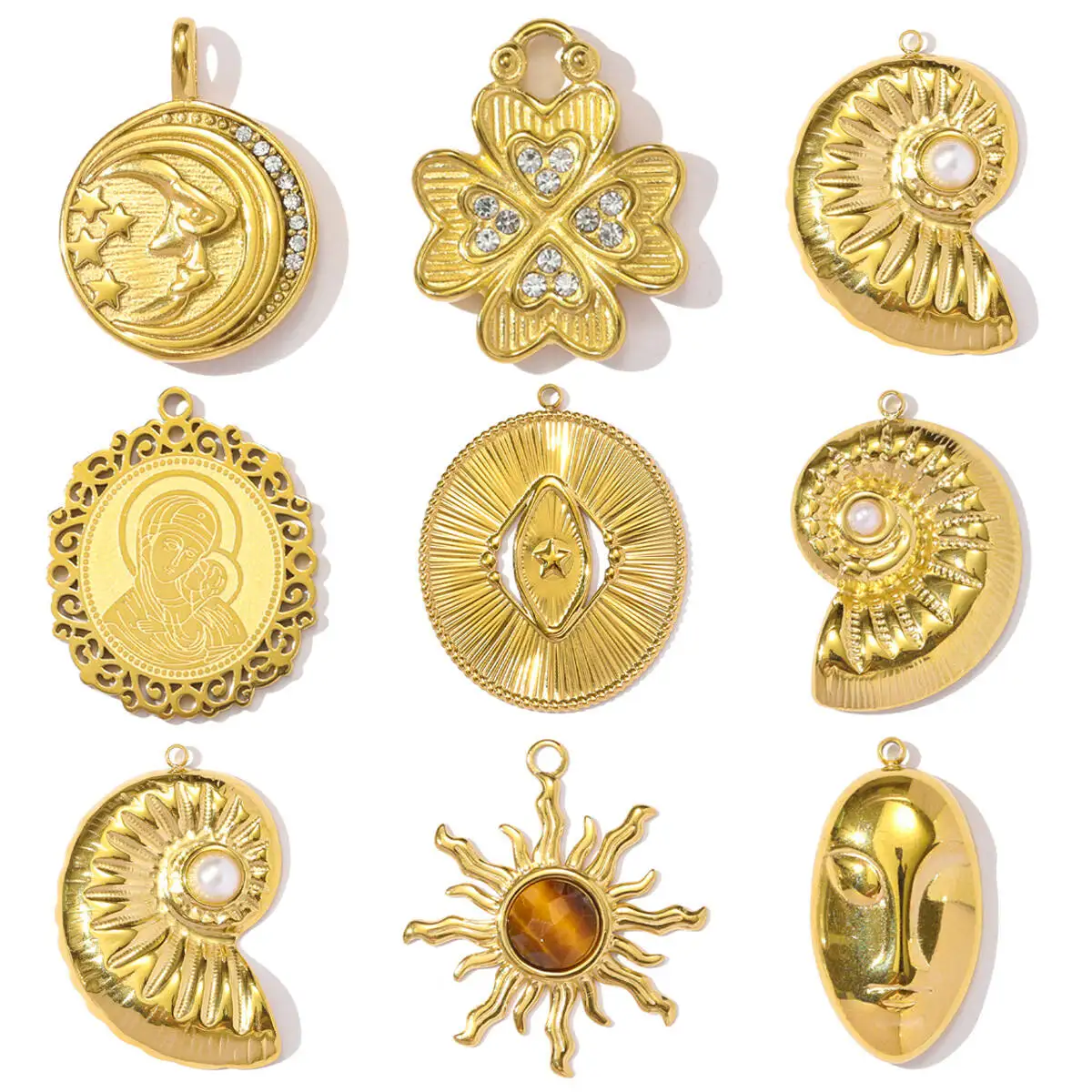 3pcs/Lot Stainless Steel Holy Mother Abstract Mask Necklace Pendant Rhinestone Clover DIY Charm Women Conch Sun Moon Jewelry