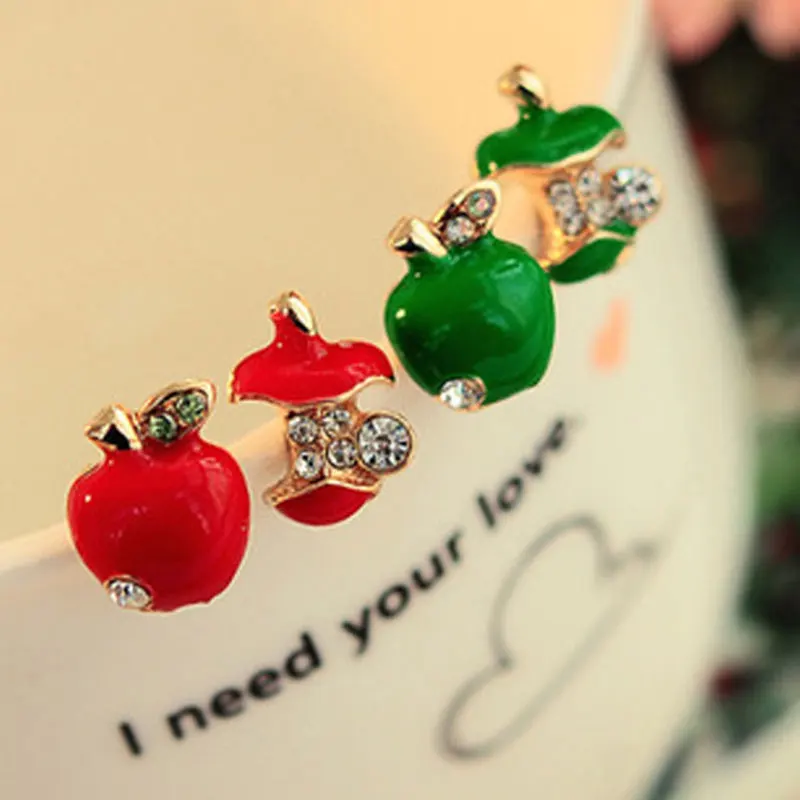 Cute Apples Earrings Women Red Green Asymmetric Rhinestone Apple Shaped Earrings Creative Crystal Women Gift Ear Accessories